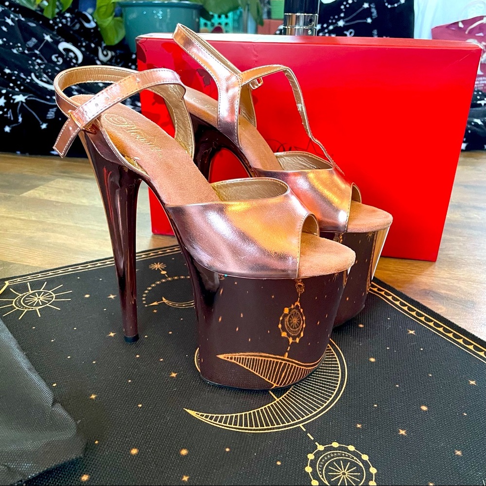 Pleaser 8” Rose Gold Sandal Heels! Like New! Sz 9